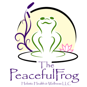 The image is a line drawing of a green frog sitting on a lily pad. The moon is behind him a cattail to his left and a pink lily to his right. He has a peaceful smile on his face.